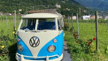 Nostalgic VW bus on a path through the vineyards with a view of Vaduz Castle