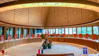 Modern architecture and meeting room of the parliament building in Vaduz - seat of the Liechtenstein parliament.