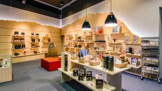 Salesroom of the Liechtenstein Center in Vaduz with regional specialties, souvenirs and gift items