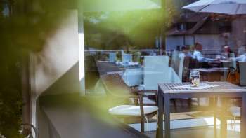 Close-up of outdoor patio furniture, with soft lighting and green surroundings