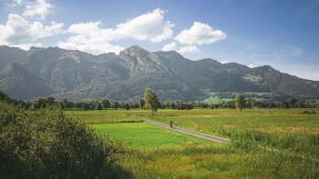 View of the Ruggell Wetland with mountains in the background
