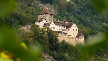 View of Vaduz Castle through a green canopy of leaves, nestled in the wooded hills of Liechtenstein.