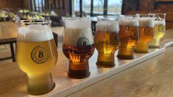 Different types of beer in a tasting set on a wooden table - from light to dark beer, served in stylish glasses in the Liechtensteiner Braustube
