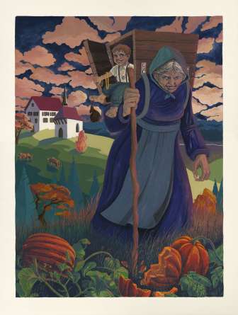 Illustration of an old legendary figure with a hood and stick, carrying a child in a basket on his back - inspired by Liechtenstein folk culture