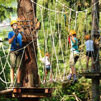 Children and adolescents with helmets in the high ropes course of the Triesen rope park in Liechtenstein, secured on climbing elements in the forest