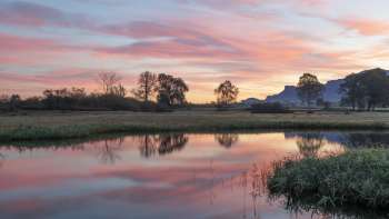 Ruggell Wetland at sunset with pond in the foreground 