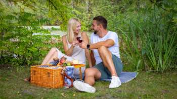 Couple enjoys a romantic picnic in the countryside with regional delicacies